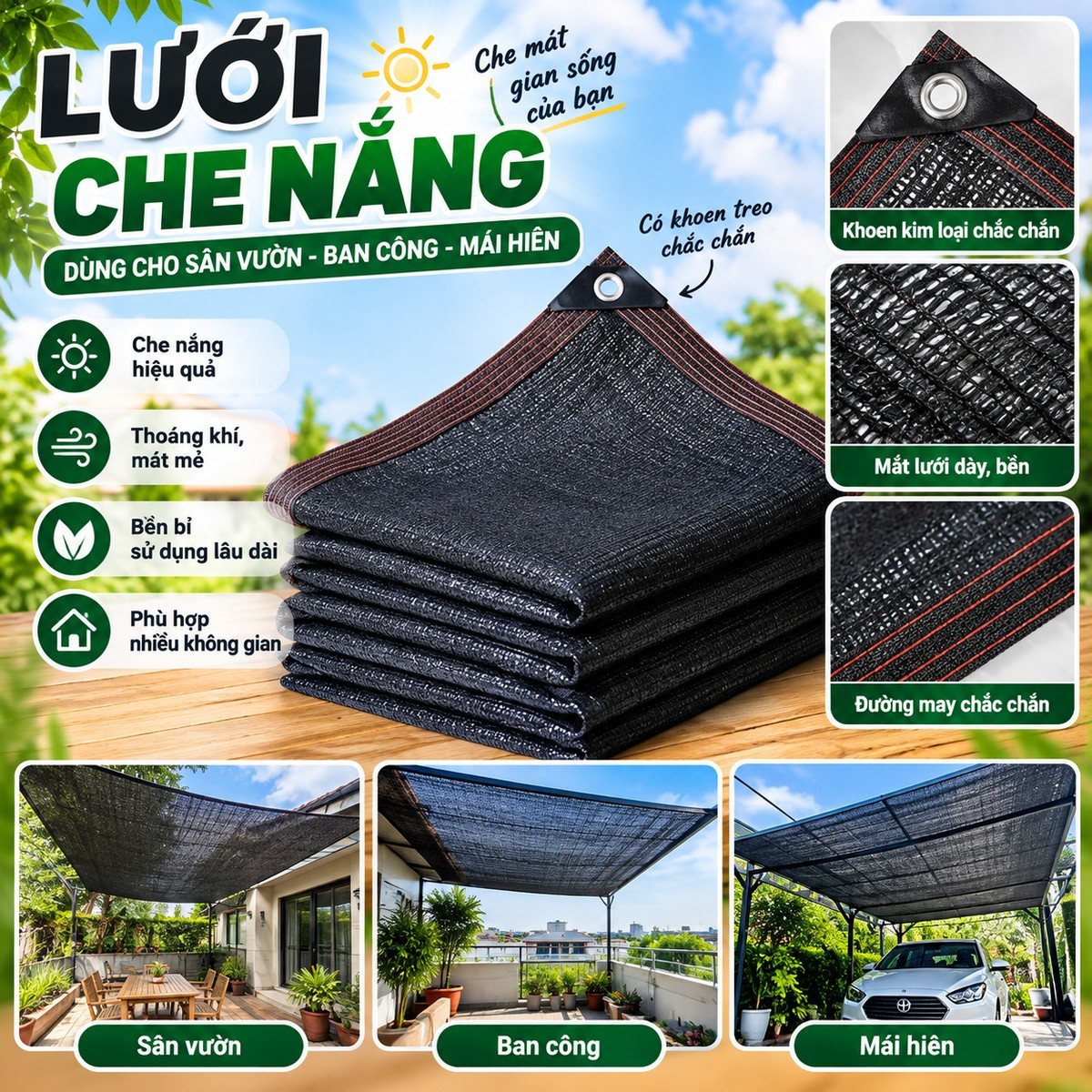 Chọn bạt lưới che nắng cho sân, ban công: đo kích thước và căng cho chắc